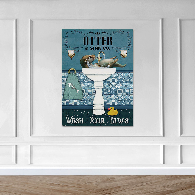 Loutre jouant dans un évier - Art textuel sur toile tendue, H 20 po x l 16 po x P 2 po