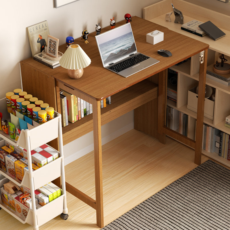 Bureau pliant en bambou, table d'étude peu encombrante pour bureau à domicile, chambre à coucher, dortoir et appartement, bureau pliable avec tablettes de rangement ouvertes, brun