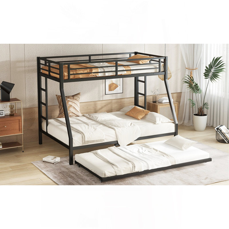 Twin Over Full Metal Bunk Bed With Twin Size Trundle, Black, Twin Over Full