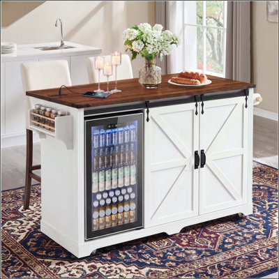 Îlot de cuisine 72 po avec rangement pour réfrigérateur, prise de courant et chariot roulant 72 po