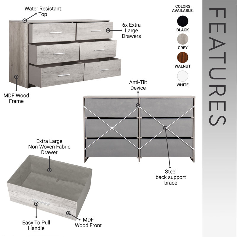 Commode 6 tiroirs avec grands tiroirs en tissu, Gris