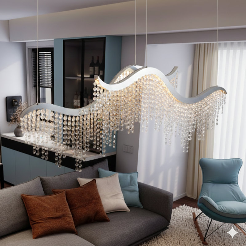 Lustre en cristal à DEL 36 pouces Modern Wave, 3 températures de température réglables (3000K / 4000K / 6000K), luminaire élégant à hauteur réglable pour le salon et les espaces luxueux