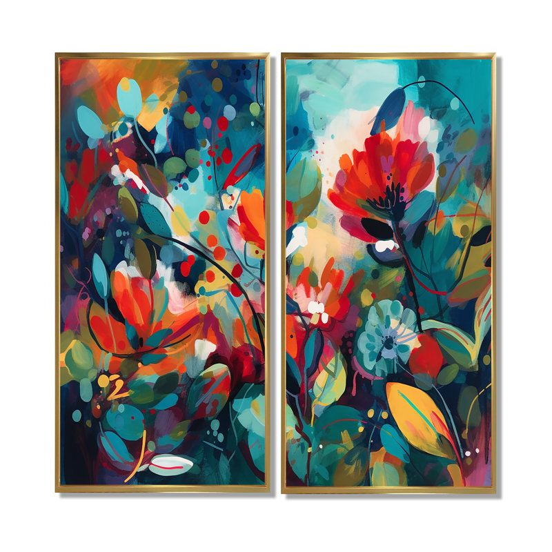 «Red Vibrant Garden Symphony I», art mural floral grand, 40" H x 40" W, Impression encadrée flottante, Gold