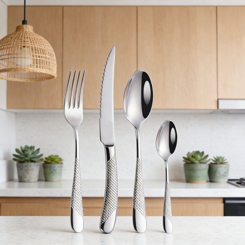 Ensemble de couverts 24 pièces en acier inoxydable, coutellerie moderne à motif de losanges avec finition polie miroir, ensemble de couverts en acier inoxydable 304 pour 6 personnes, comprend des couteaux, des fourchettes et des cuillères