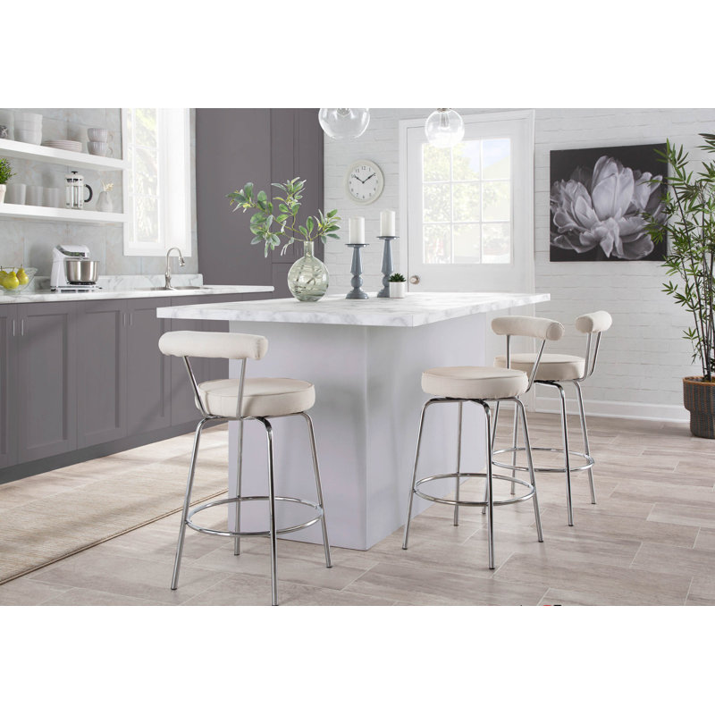  Kayson 25.5" Swivel Fabric Upholstered Counter Stools, Cream/Chrome