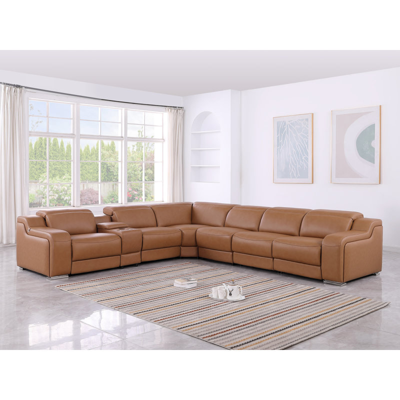 Canapé modulaire inclinable électrique en cuir italien 7 pièces Tahari, Cuir véritable cognac