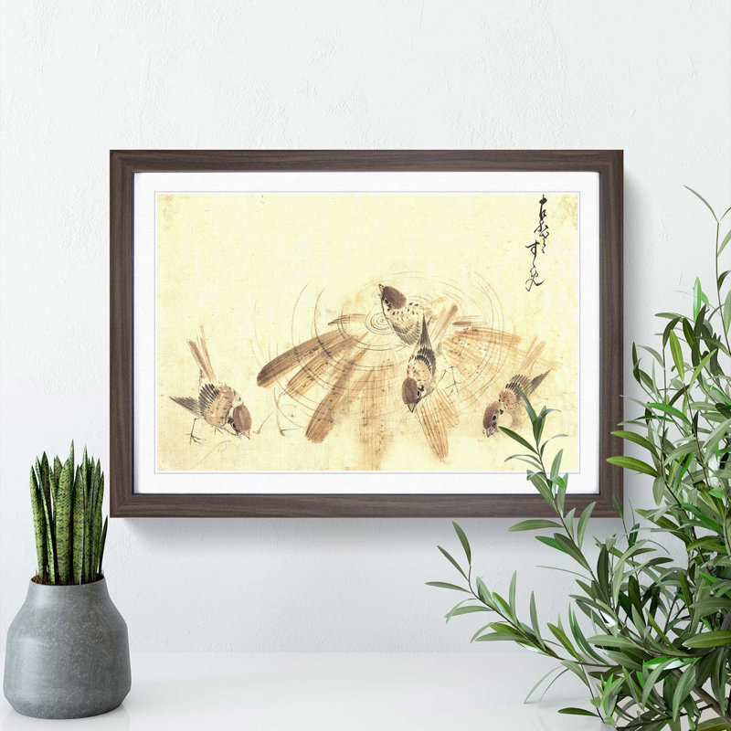 Sparrow Sketch by Katsushika Hokusai - Picture Frame Drawing Print, Walnut Framed, 36cm H x 48cm W x 2cm D
