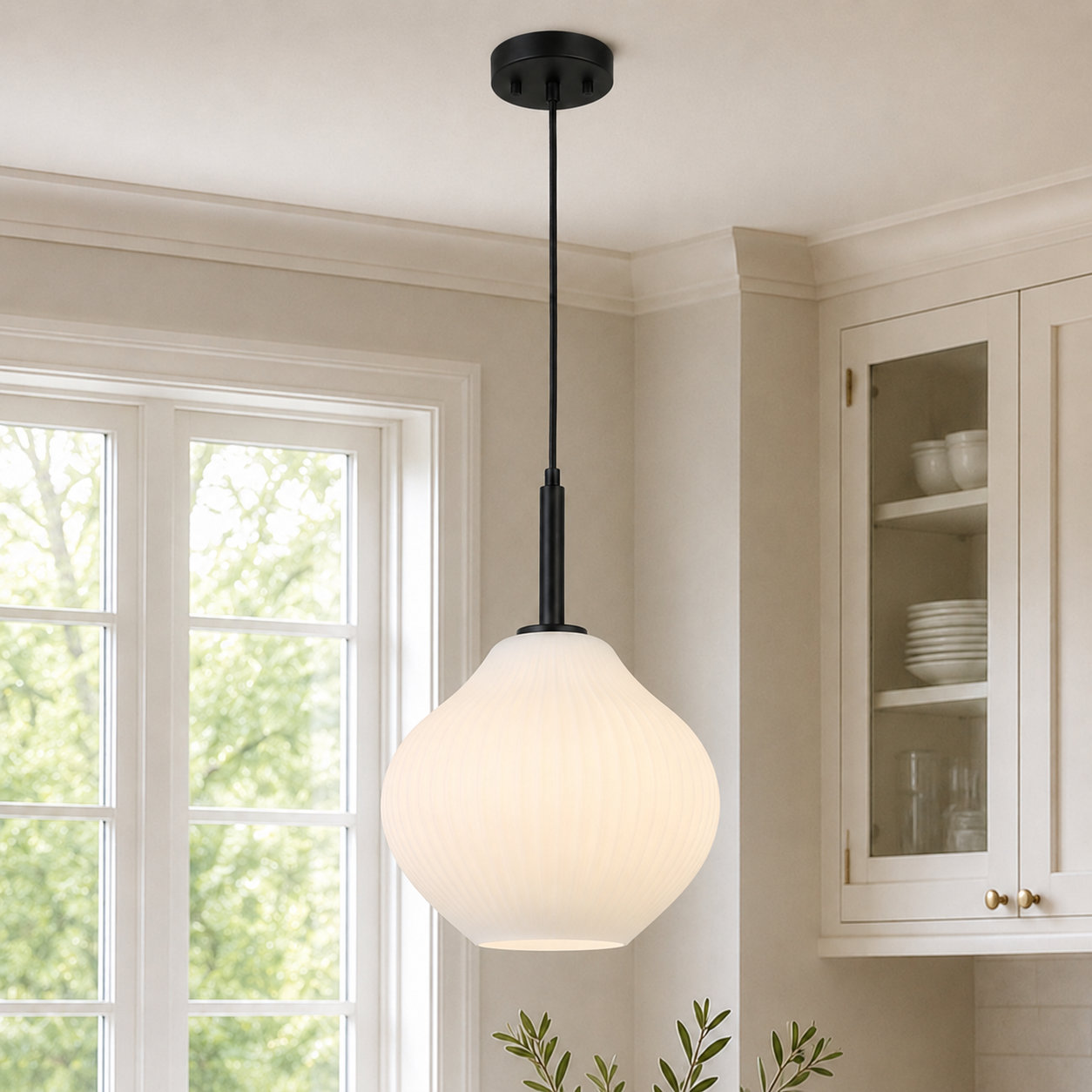 1- Light Modern Ribbed Glass Pendant Light, Matte Black