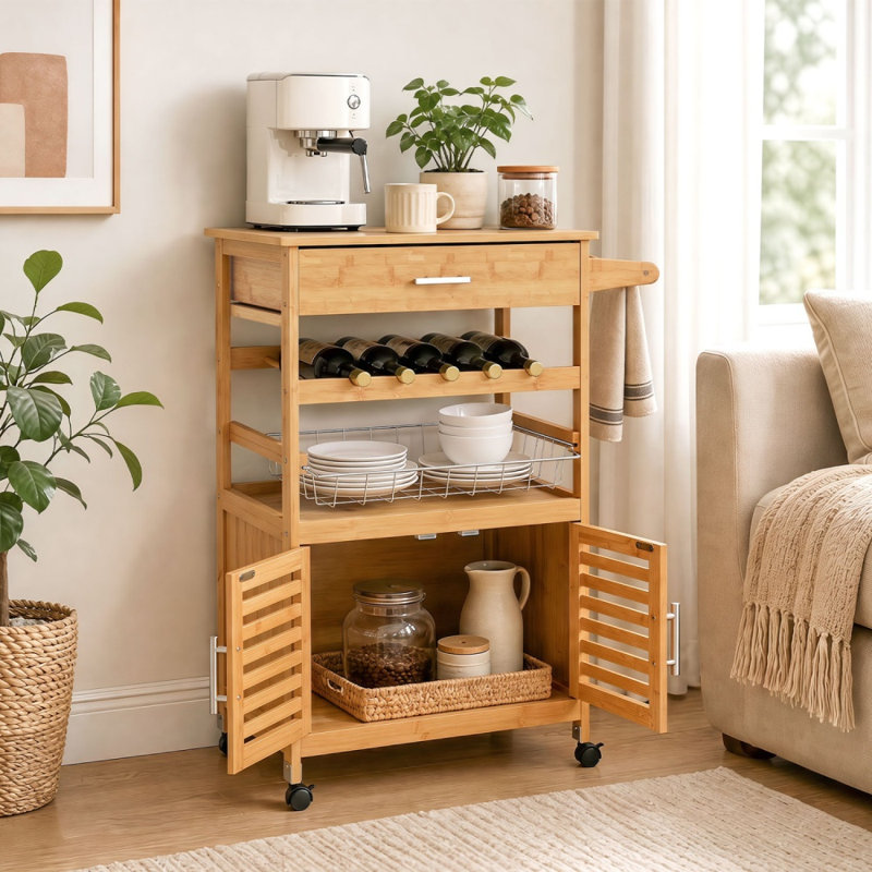 Bamboo Rolling Kitchen Island Trolley with Storage Cabinet & Wine Rack