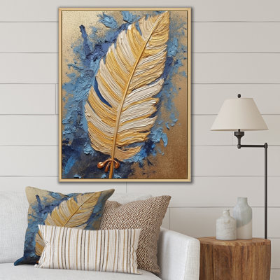 «Boho Glam Exquis Gold On Blue Feather», reproduction d'art sur toile