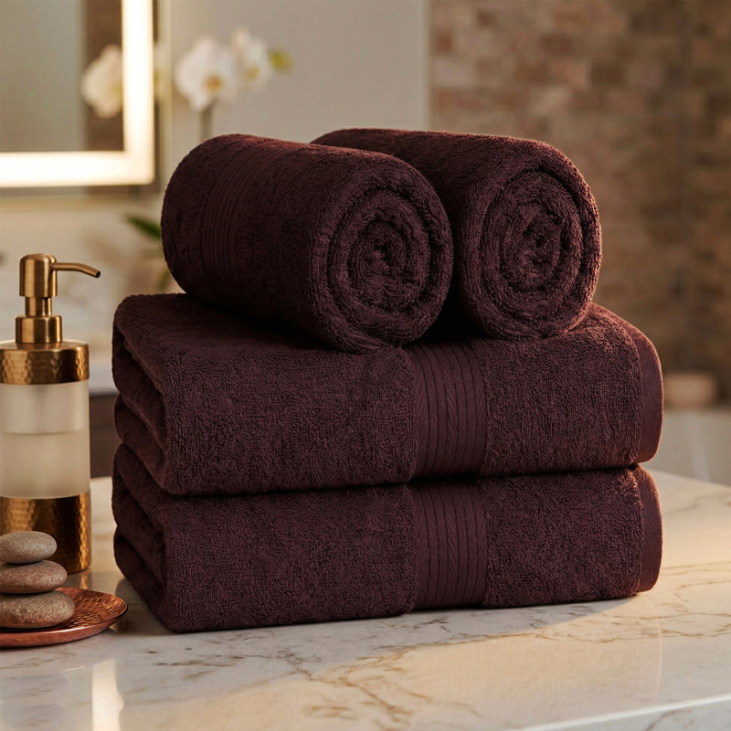 Absorbent and Quick Dry 4 Piece 100% Cotton Hand Towel Set, Brown