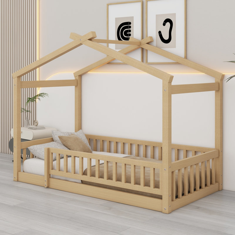Structure de lit en bois avec clôture, Naturel