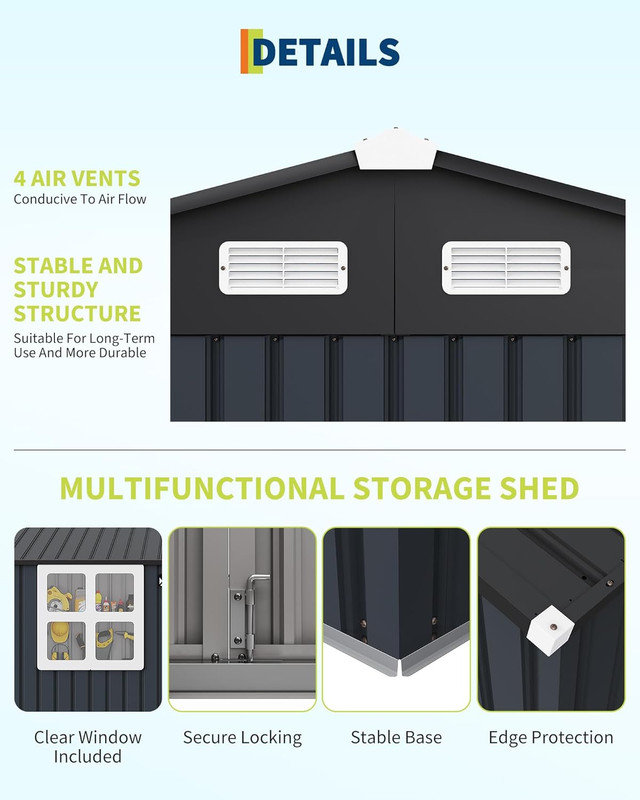 8x10 FT Outdoor Metal Storage Shed with Lockable Doors & Windows, Garden Tool Shed for Backyard Patio, Gray