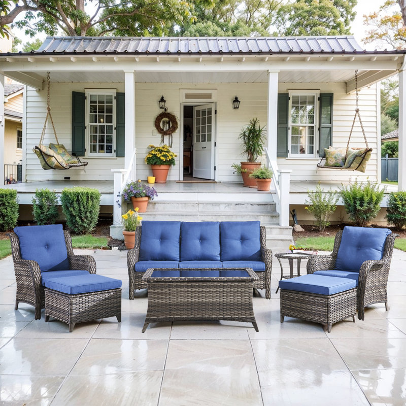 Schutt Wicker 5 - Person Patio Conversation Set with Cushions, Blue, Gray