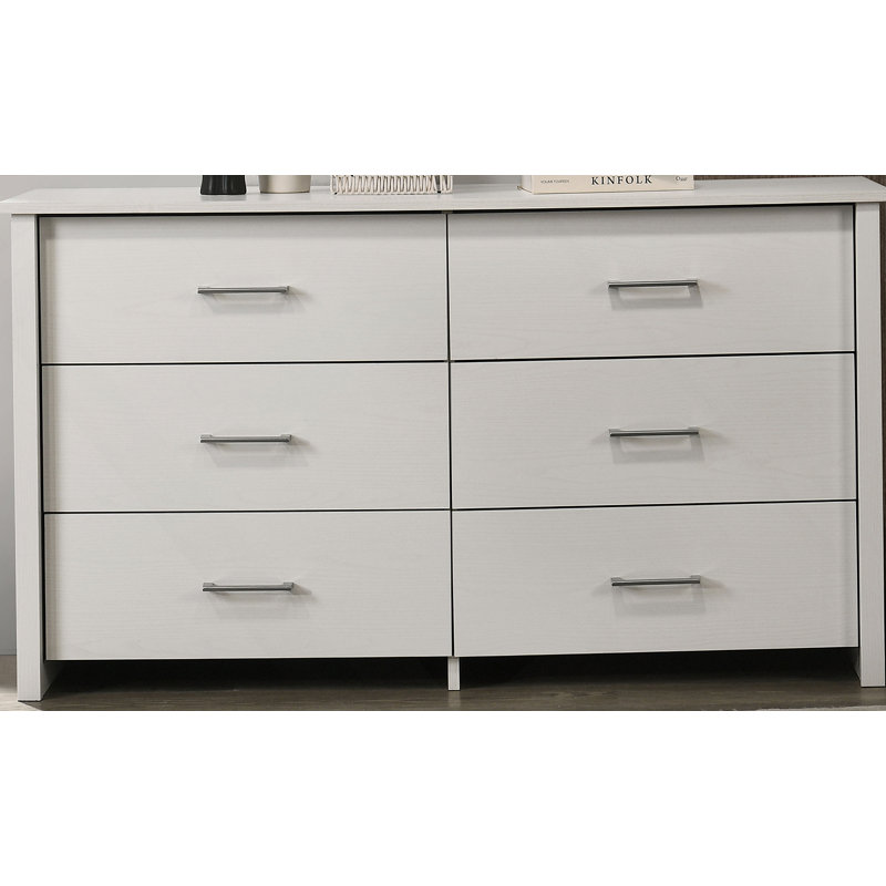 Commode 6 tiroirs avec poignées argentées, Blanc
