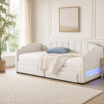 Adjustable Linen Upholstered Daybed With Twin XL Expansion, Storage Drawers & LED Features