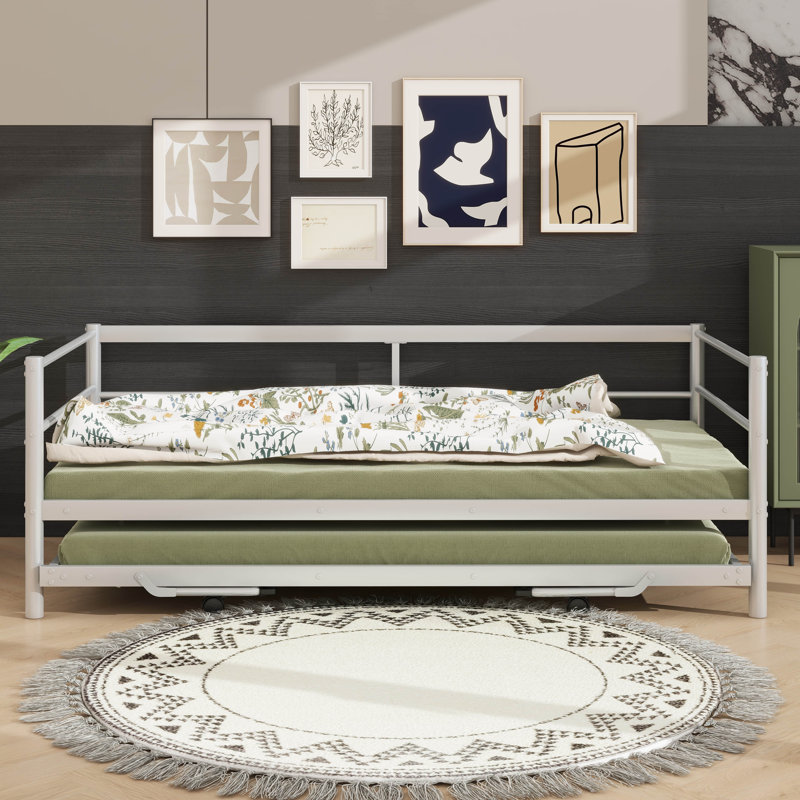 Twin Size Metal Daybed With Under-Bed  Trundle, Silver
