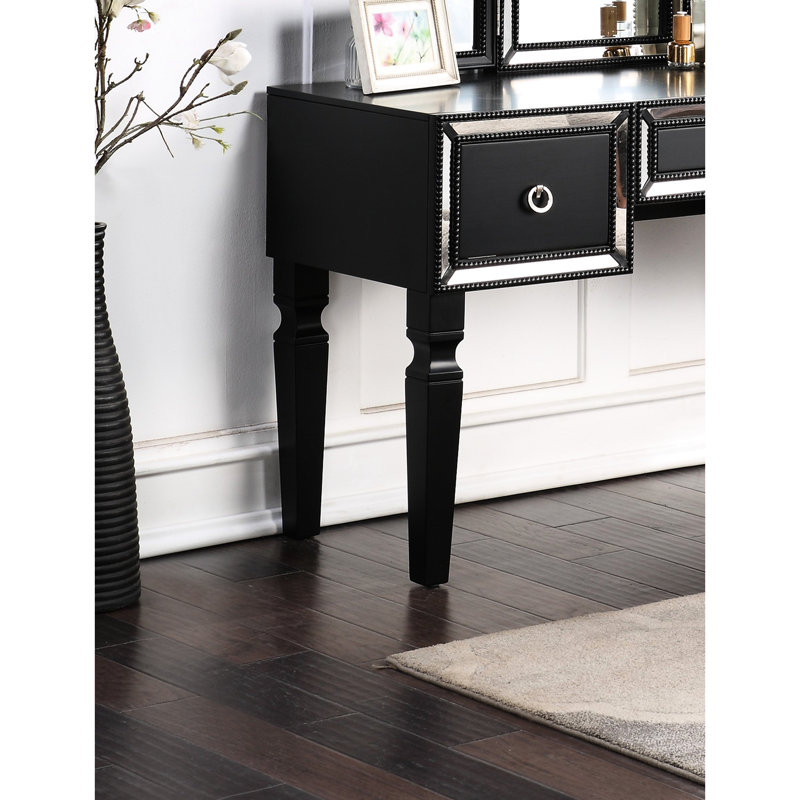 Coiffeuse de style traditionnel noir avec tabouret, 3 tiroirs et trois miroirs, coiffeuse de rangement durable