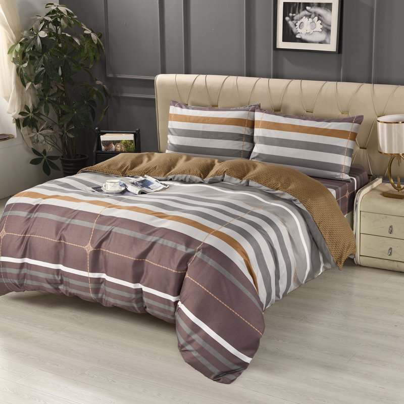 Bliss Complete Bedding Set Brown Stripe Duvet Cover Fitted Sheet With Matching Pillow Case