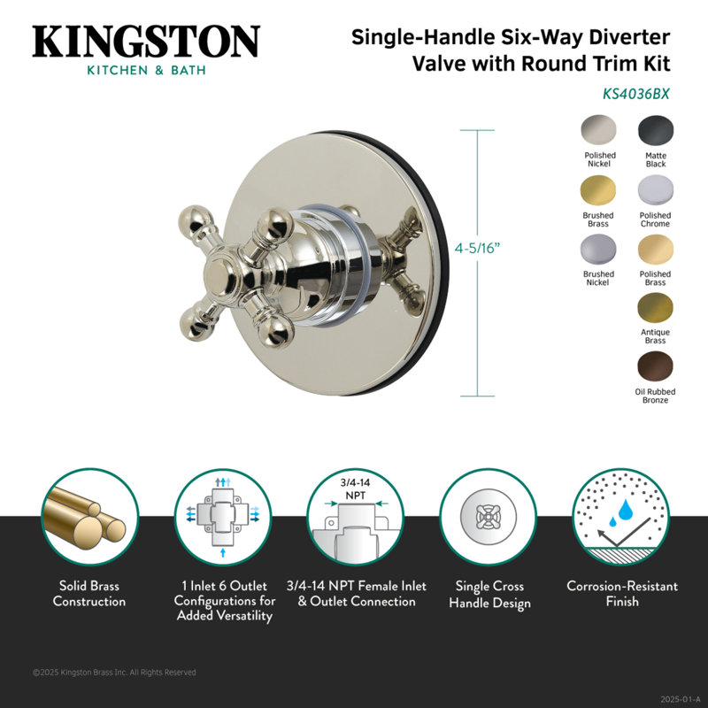 Kingston Brass Metropolitan Single-Handle Wall Mount Six-Way Diverter Valve with Trim Kit, Polished Nickel