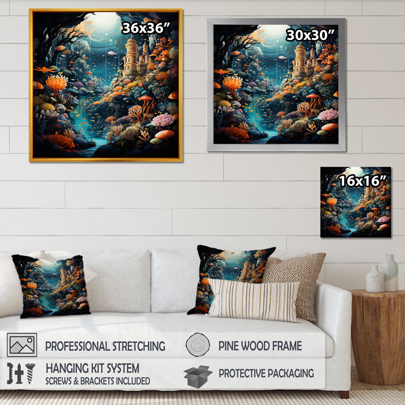 «Coral Mistic Underwater Kingdom I - Fantasy», art mural, Cadre flottant doré, 30" H x 30" W