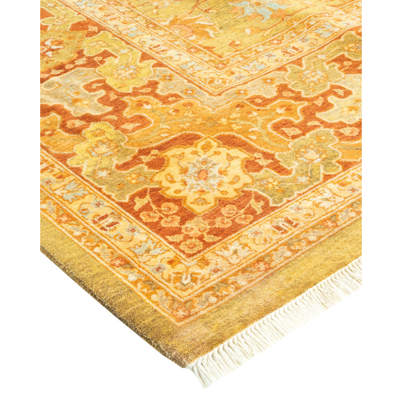 Tapis jaune / ivoire / orange noué à la main de conception unique 6 pi 2 po x 9 pi 3 po Mogul