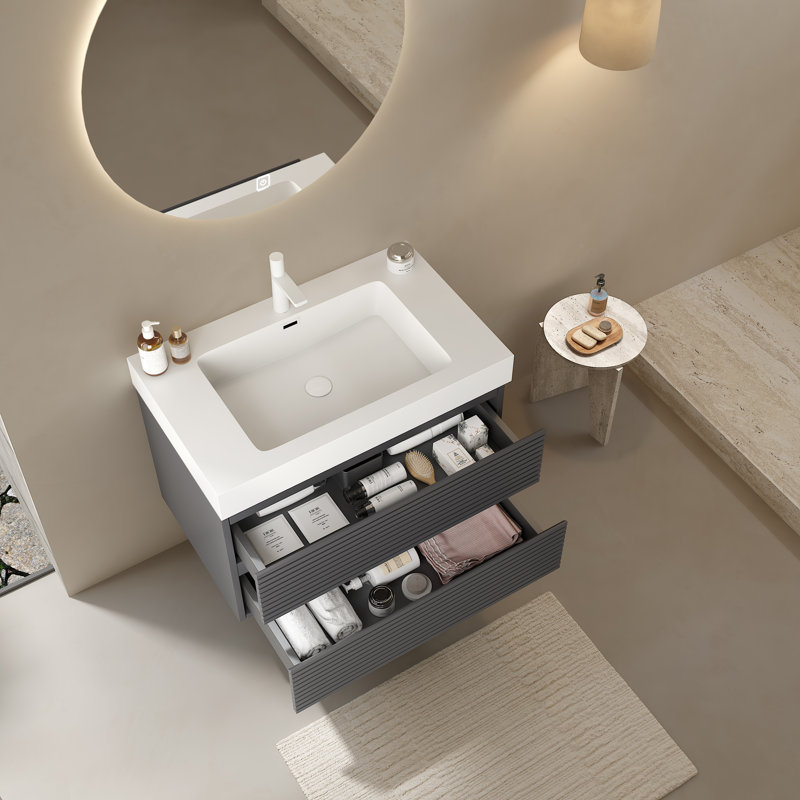 Meuble-lavabo mural moderne 30 po avec lavabo encastré et tiroirs, sans robinet