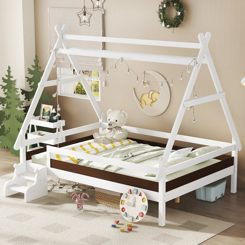 Lit plateforme simple avec escalier, Blanc clair, Lit simple