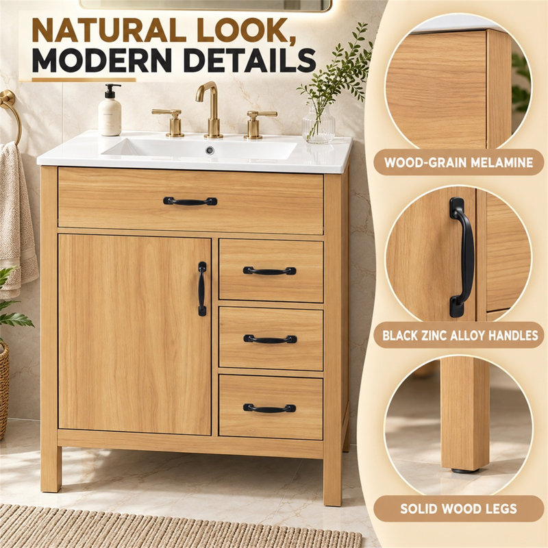 Meuble-lavabo 30 po avec lavabo en céramique, tiroirs à fermeture en douceur