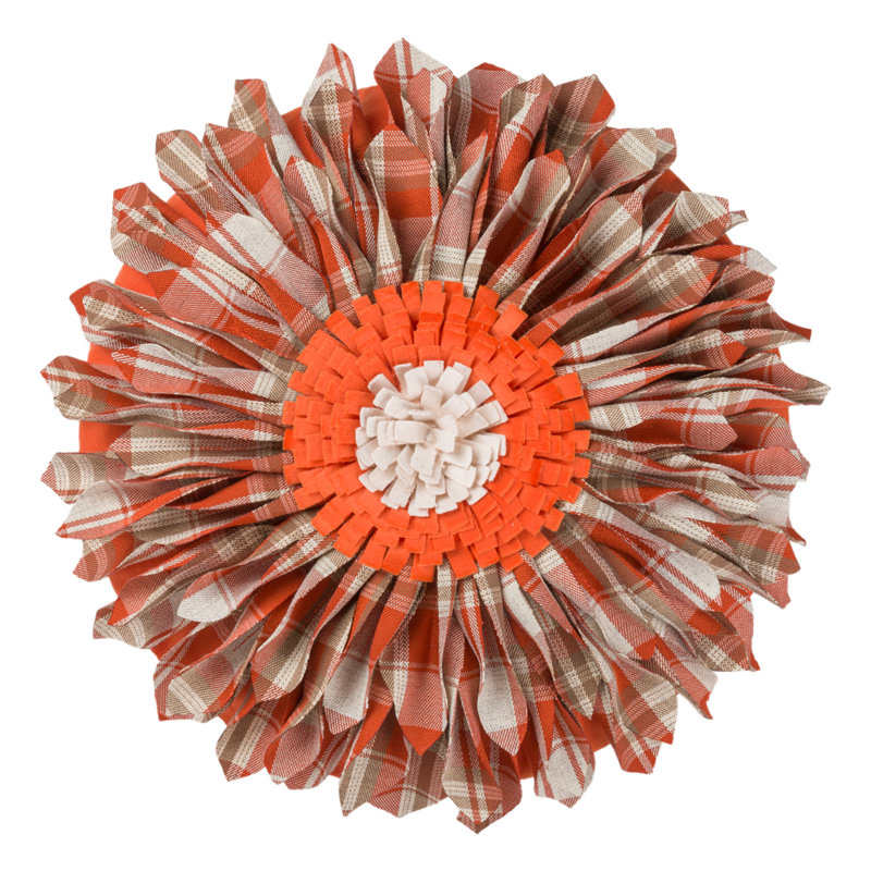 Appliqued Throw Pillow 3D Sunflower Accent Pillow Cover & Insert, Square 14", Orange Plaid - Canvas & Polyester