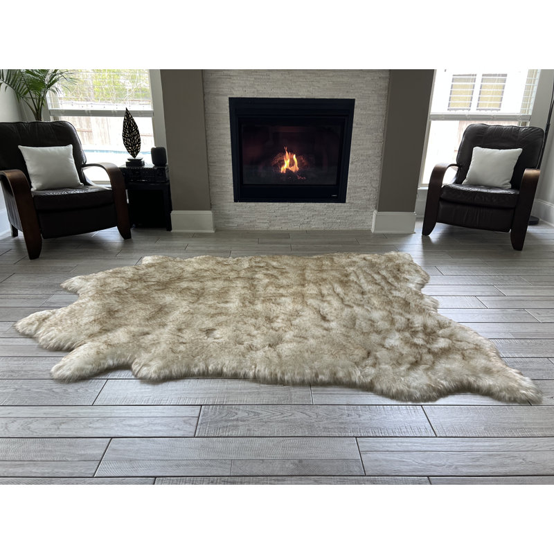 Faux Bison Skin Fur Shag Area Rug in White with Brown Tips, Animal Shape 8' X 9'