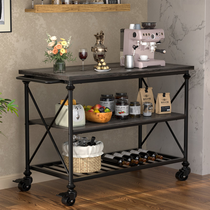 3-Tier Kitchen Table With Wheels And Storage Shelves, Gray