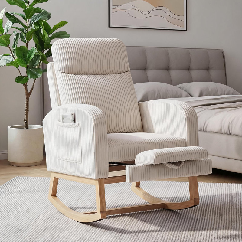 Chaise berçante rembourrée avec repose-pieds et poche latérale, Beige, Natural