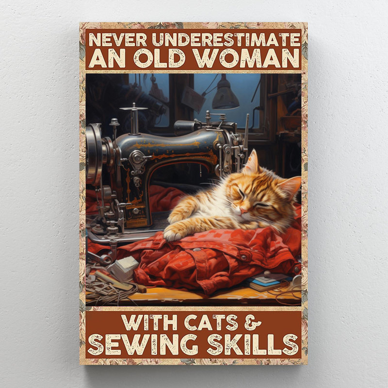 Une vieille femme avec des chats et des techniques de couture sur toile, H 36 po x l 24 po x P 1,25 po