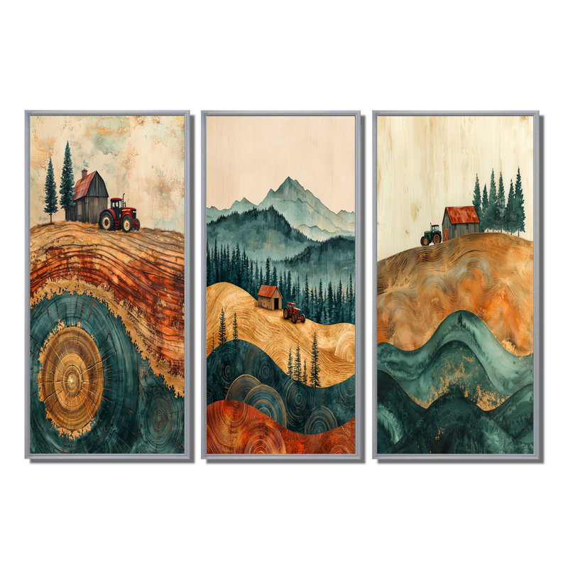 «Barn with Tractor Landscape On A Top I», collection d'art mural ferme, H 32 po x l 48 po, Impression encadrée flottante