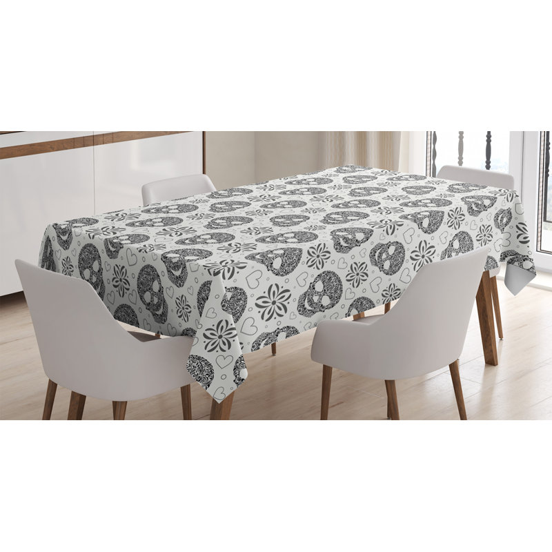 Skull Tablecloth, Abstract Floral Skulls Daisies Hearts Circles Illustration Vintage Style Print, Rectangular Table Cover For Dining Room Kitchen Decor, 52" X 70", White And Black