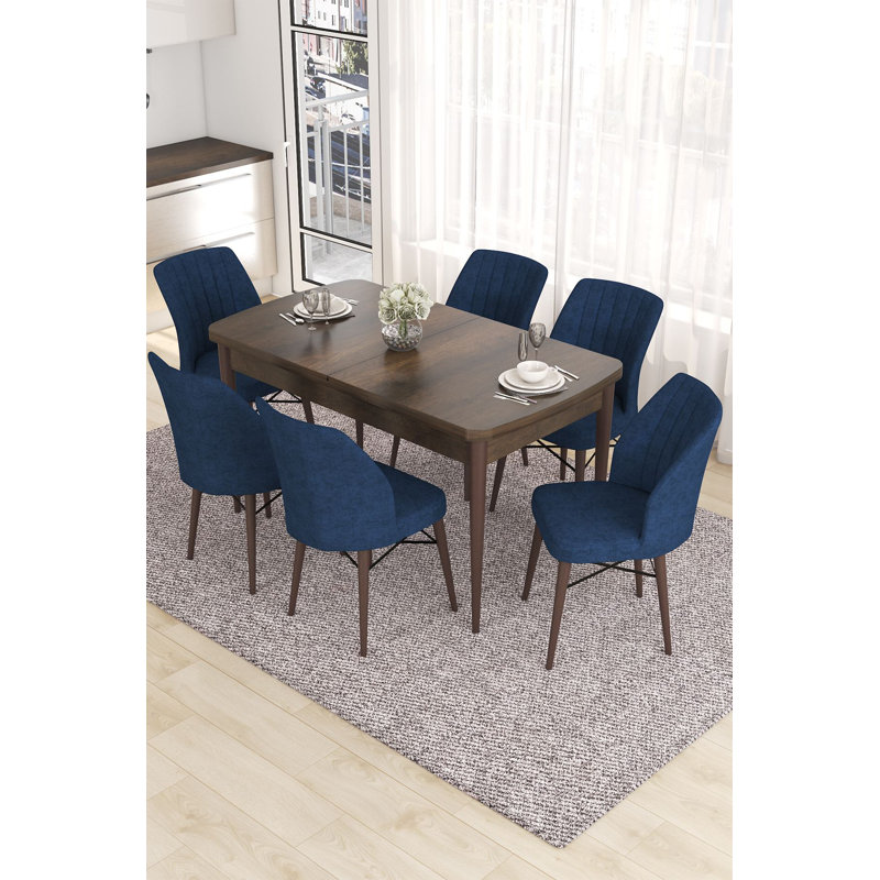 Ensemble de table et chaises de salle à manger extensible (7 pièces), baroque et bleu marine, 52,0 po x 31,0 po x 31,5 po | 100% panneau de fibres à densité moyenne avec pieds en bois et structure en métal, sièges en mousse confortables | Parfait pour les réunions de famille et les salles à manger