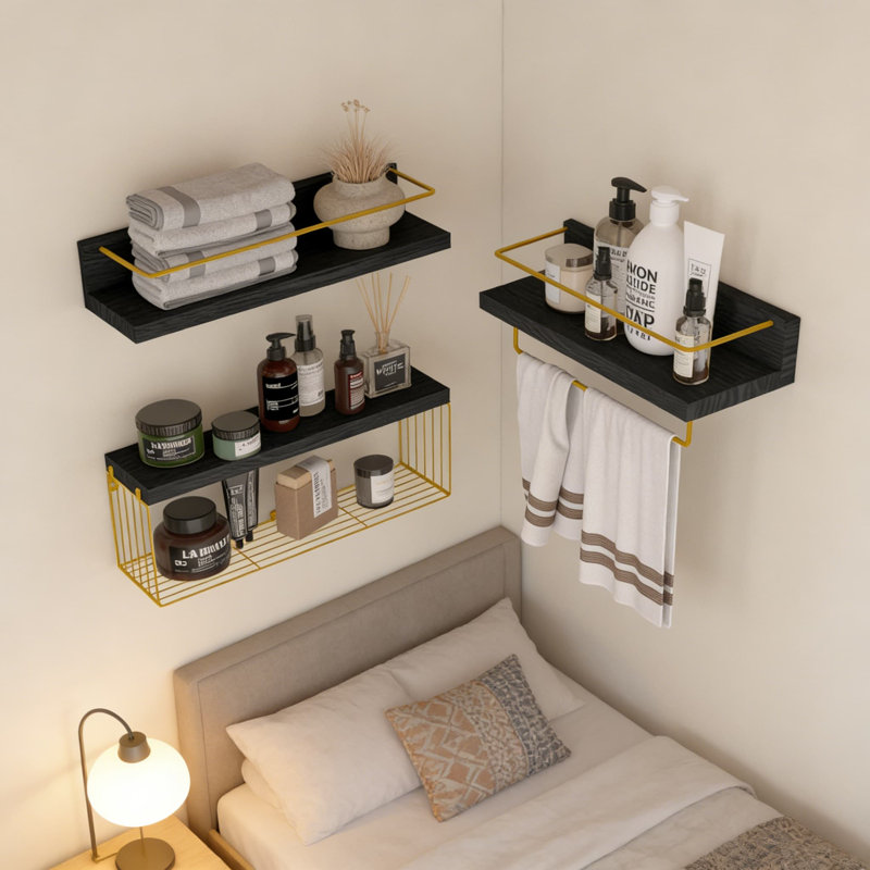 Ensemble de tablettes murales flottantes avec panier de rangement et porte-serviettes, tablettes multifonctionnelles pour la salle de bain, la cuisine, le salon, la chambre à coucher et la salle de classe
