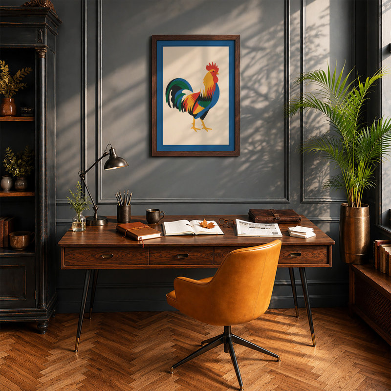 Standing Rooster Mid-Century - Print, Walnut, A1 - 84.1 x 59.4 cm