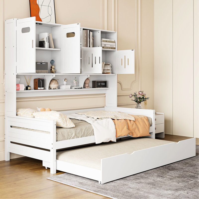 Lit de jour simple avec lit gigogne et armoire de rangement, lit peu encombrant - tablette compacte encastrée blanche pratique