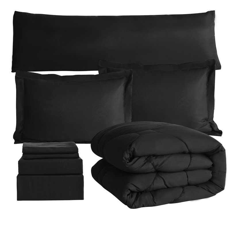 8 PCS Modern Comforter Set with Sheets All Season Bed in a Bag, King Comforter + 7 Additional Pieces, Black