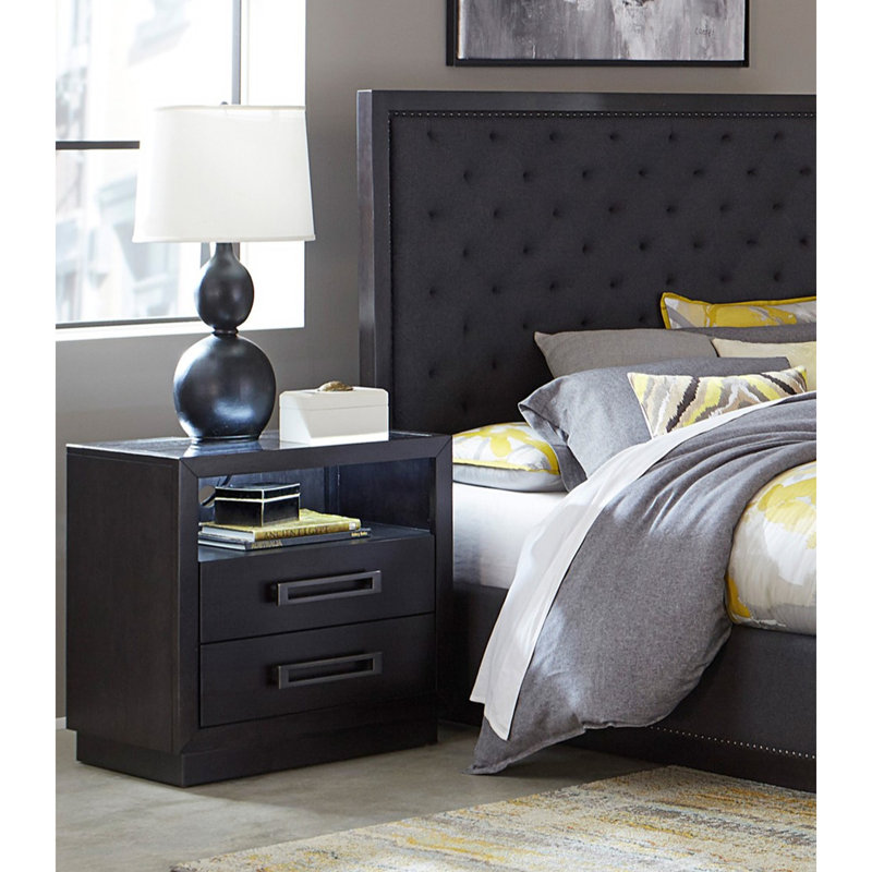Élégante table de chevet pour chambre à coucher à 2 tiroirs, à DEL, avec rangement, finition gris anthracite et plateau en verre avec 2 tiroirs, port, prises de courant, encastrée