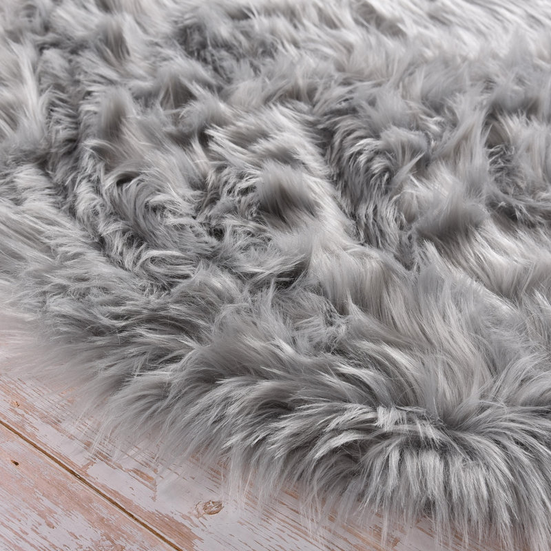 Tapis à poil long gris fait à la main Glendine, Rond 6 pi 6 po