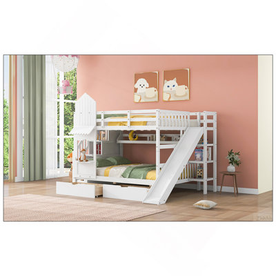 Lit superposé de style château double avec 2 tiroirs, 3 tablettes et glissière - blanc