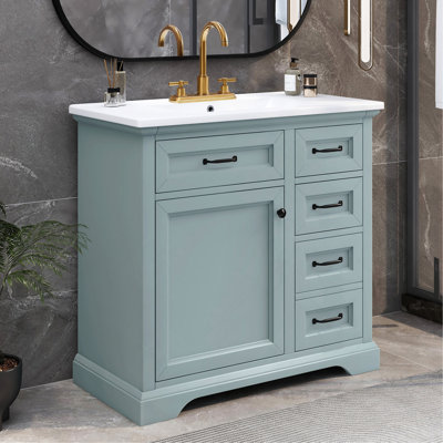 36" Bathroom Vanity with Sink, Ceramic Sink, 2 Tip-out Drawers, Soft Close Door Hinges, Grey