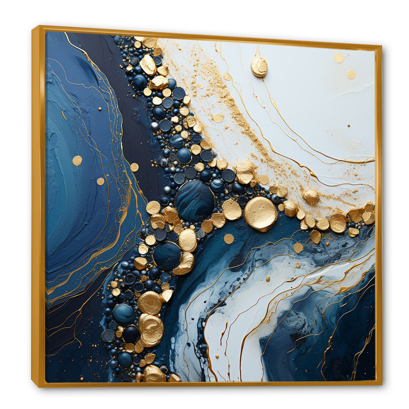 Géode dorée et bleue liquide Art II - encre liquide, art mural abstrait, Cadre flottant doré, H 16 po x l 16 po x P 1 po