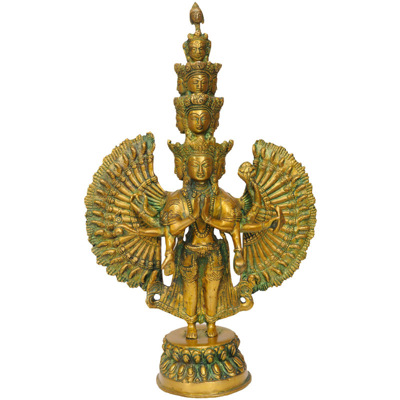 Divinité bouddhiste tibétaine à onze têtes et mille bras Avalokiteshvara, Vert / doré