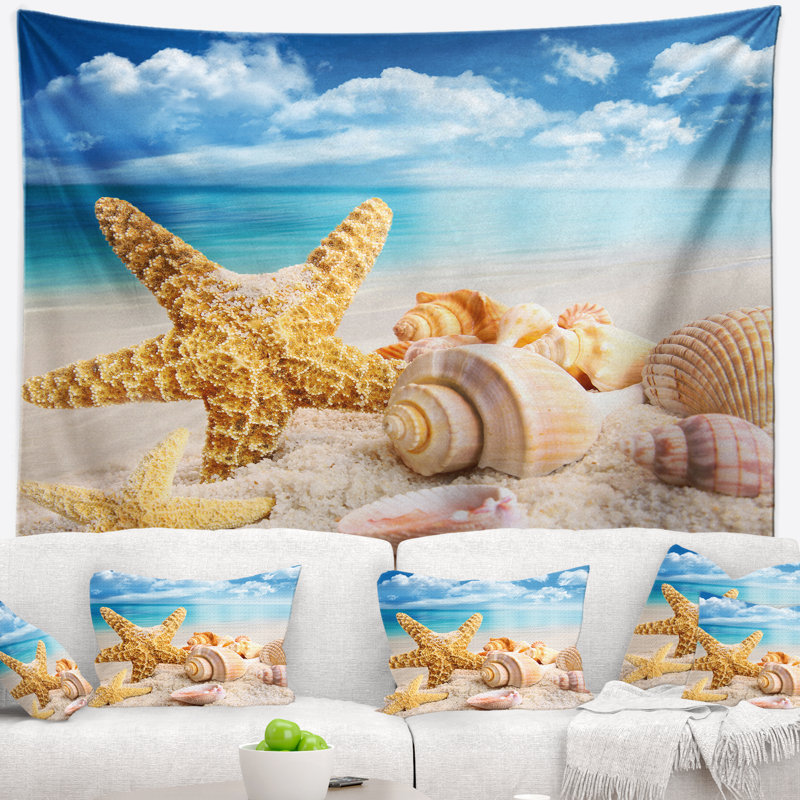 Tapisserie de mer étoile de mer et coquillages sur la plage avec accessoires suspendus inclus, H 50 po x l 60 po