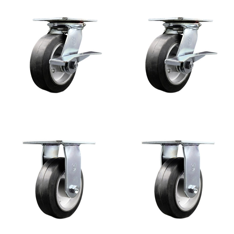 6 Inch Rubber on Aluminum Caster Set with Ball Bearing 2 Brakes and 2 Rigid SCC