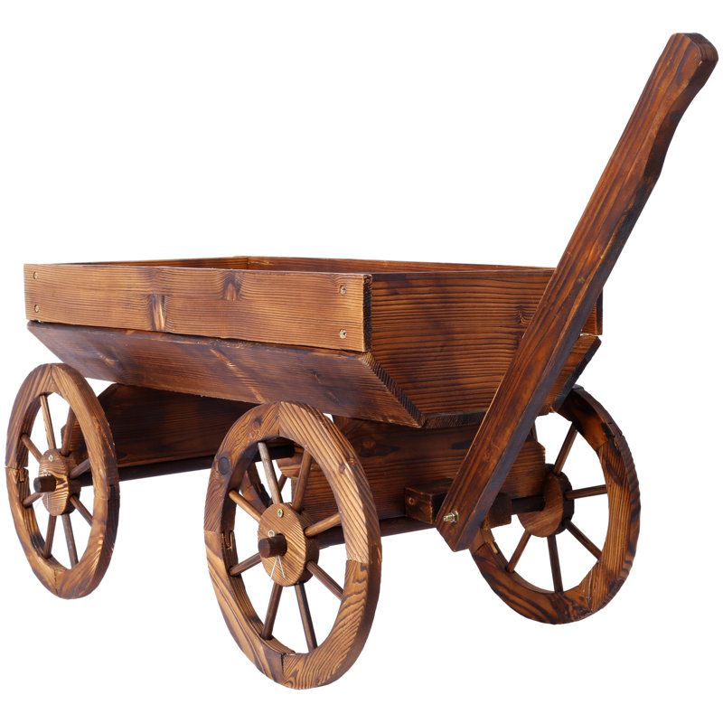 Mobile Wooden Wagon Planter Box with Wheels, Handle, and Drain Hole, Indoor & Outdoor Garden Decor
